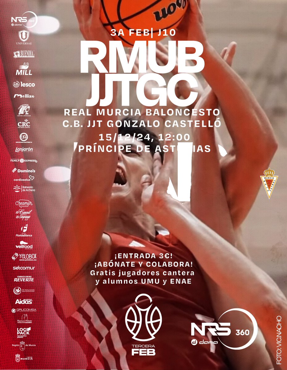 #J10 | @tercerafeb MASCULINO
REAL MURCIA BALONCESTO
C.B. JORGE JUAN TÁRTAROS GONZALO CASTELLÓ
Domingo 15/12/2024 12:00
Príncipe de Asturias