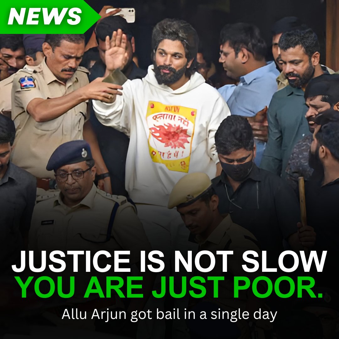 tradingwsidhant's tweet photo. In a single day: Allu Arjun got arrested, got his hearing, and walked out with bail.

While millions wait years just to be heard in court. 
The system isn't slow. 
You're just not rich enough.

Here's the full story → 🧵

#AlluArjunArrestedNews #AlluArjunArrested https://t.co/OUsI8b94LM