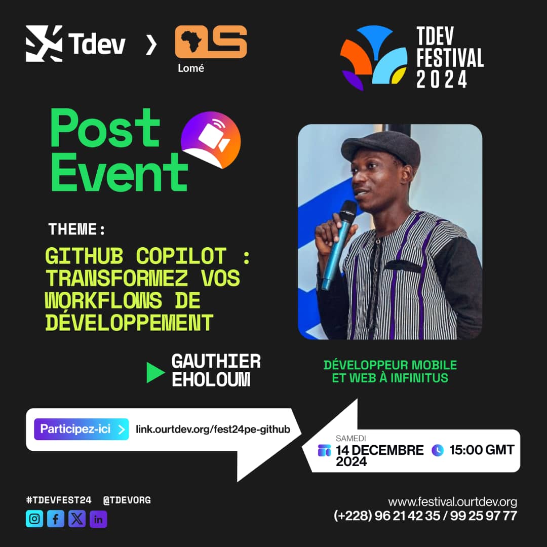tdevorg's tweet image. C’est aujourd’hui la première session Post-#TDEVFest24

📌 Thème : “GitHub Copilot : Transformez vos workflows de développement” 💻
🎙️ Avec Gauthier EHOLOUM
⏰ Heure : 15H GMT

#Tdev #TgTech #Tech #TDEVFestival2024