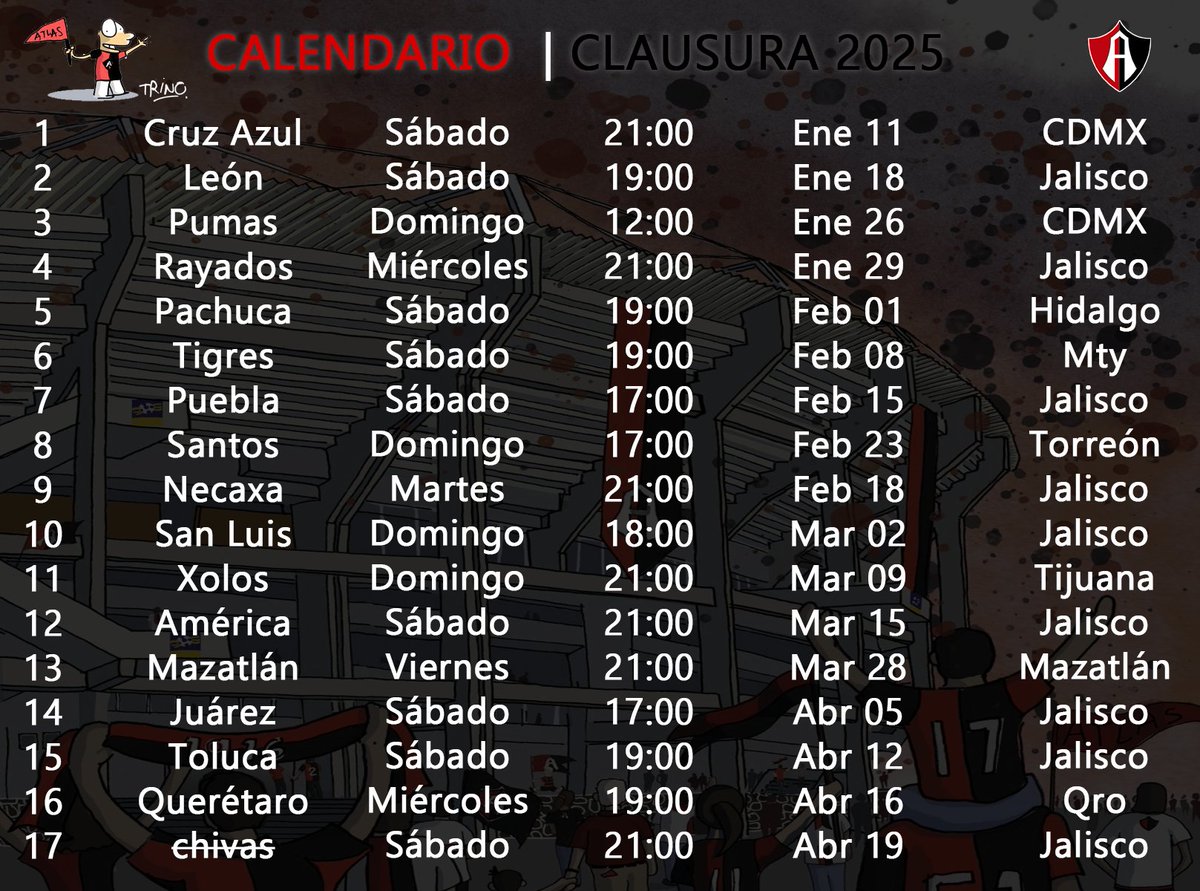 hinchadelatlas's tweet photo. CALENDARIO ATLAS :: Clausura 2025
🦊⚽️🏆🚩🏴

Créditos
Información: @ZonaFUT1 
Fondo: @ElGranChablis 
Pipo: @trinomonero https://t.co/U8CQaPPMjD