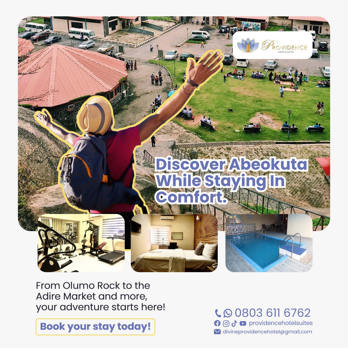 From the majestic Olumo   Rock to the vibrant Adire Market, your adventure begins with us.

Explore the city, then   relax in style at the heart of Abeokuta.

#ProvidenceHotel   #ExploreAbeokuta #OlumoRock #AdireMarket #LuxuryHotels #TravelNigeria   #VisitAbeokuta