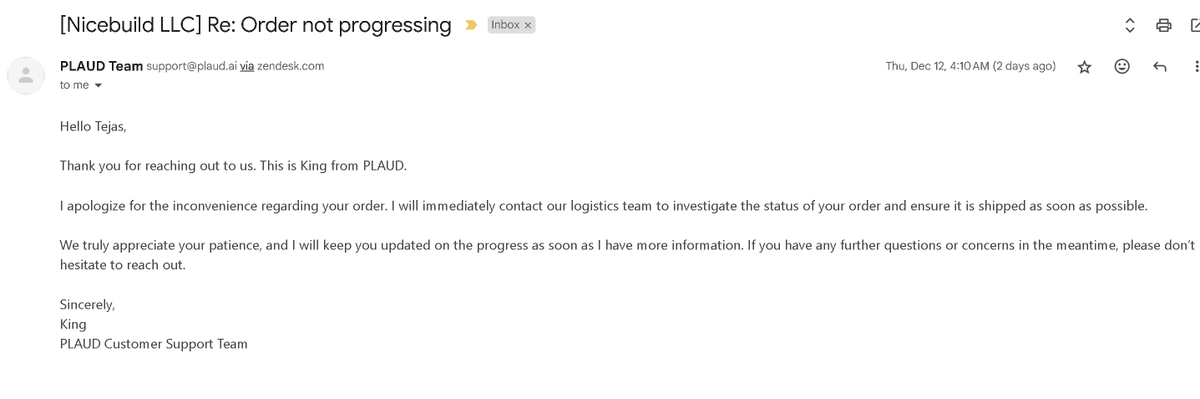 tejasshah's tweet photo. @PlaudOfficial, I ordered a recorder which is stuck "with the shipper" since Dec 7. Your customer service sends the same standard reply every time with no follow-up. 

Total unprofessional and disrespectful.

Please resolve immediately!

#Plaud #CustomerServiceFail #DelayedOrder https://t.co/Qhfca4PzzA
