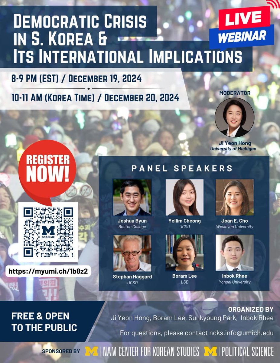 Join us for a panel on Democratic Crisis in S. Korea &amp; Its International Implications 📅 Dec. 19, 8 PM EST / Dec. 20, 10 AM KST. Discussion on the aftermath of martial law.
📍In English, open to all. Register for Q&amp;A: myumi.ch/1b8z2. Please share widely!
