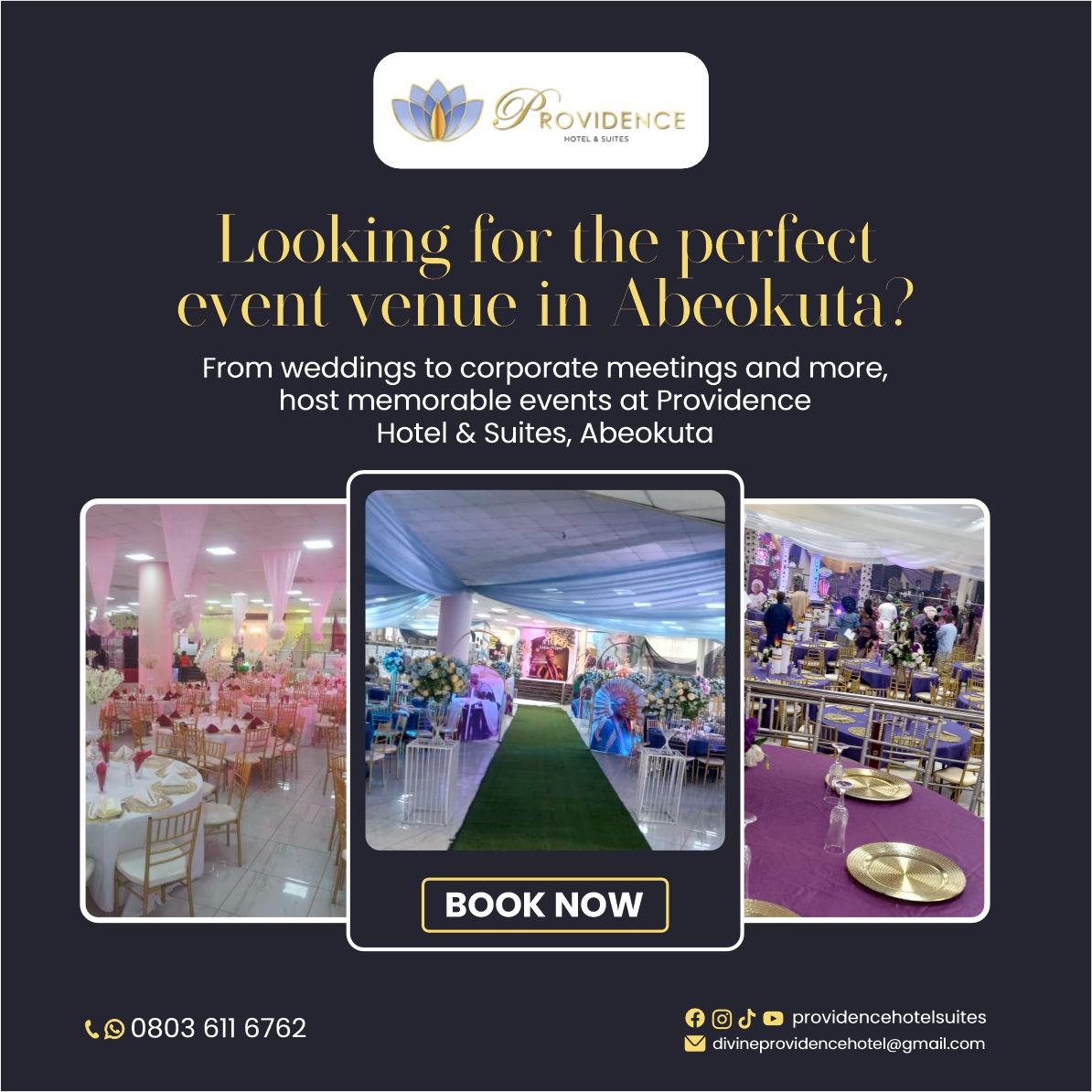 Host your next event at Providence Hotel &amp; Suites, Abeokuta! ✨

Whether it’s a glamorous wedding, a productive   corporate meeting, or an intimate gathering, Providence Hotel &amp; Suites, Abeokuta is your ideal destination.

#AbeokutaEvents #WeddingsInAbeokuta #EventSpaces #Venue