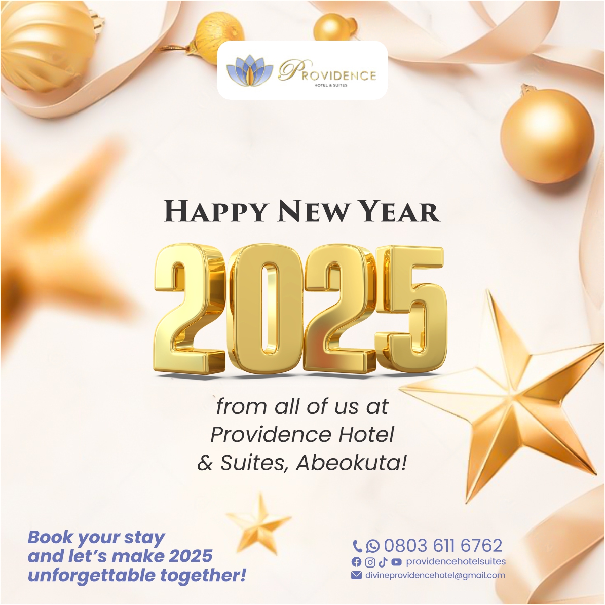 Happy New Year 2025 from Providence Hotel &amp;   Suites, Abeokuta!

Start 2025 with a touch of elegance. Book your stay   or event now! ✨

#HappyNewYear2025   #ProvidenceHotel #AbeokutaLuxury #NewYearCelebrations #StayWithUs