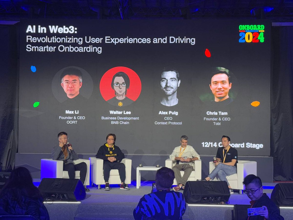 AI in Web3: Revolutionizing User Experiences and Driving Smarter Onboarding

Max Li <a href="/DrMaxLi/">Max Li</a>, OORT <a href="/oortech/">OORT | The Data Cloud for Decentralized AI</a>
Walter Lee <a href="/lclwalter/">Walter 🔶 BNB</a>, BNB Chain @BNBChain
Alex Puig <a href="/cryptobenkei/">Crypto Benkei</a>, Context Protocol @contextprotocol
Chris Tam <a href="/ckttam/">ckt</a>, Tobi <a href="/TobiCopilot/">Tobi</a>
#TBW2024