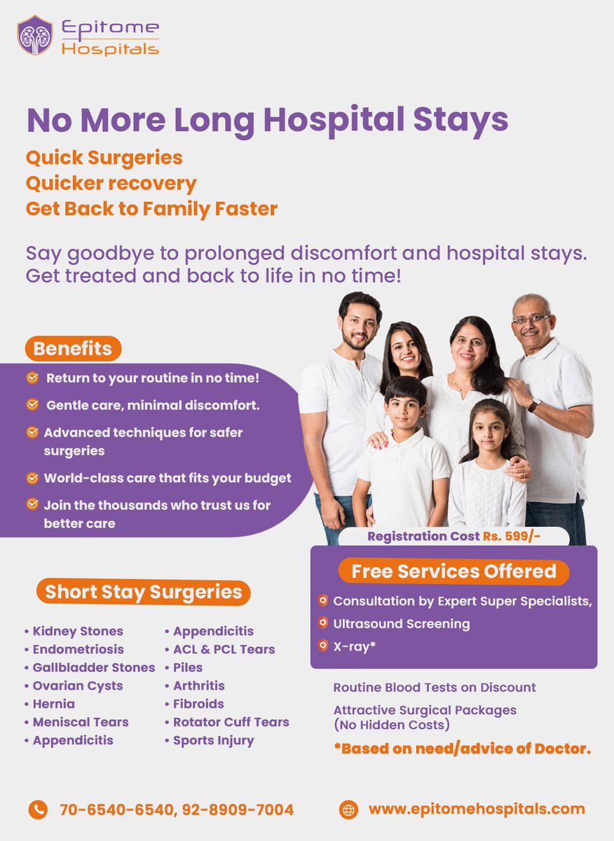Epitome_H's tweet image. Long hospital stays? Epitome Hospitals offers Quick Surgeries &amp;amp; Faster Recovery! Get back to family faster. Visit Now!

#QuickRecovery #KidneyStones #GallbladderStones #EpitomeHospitals