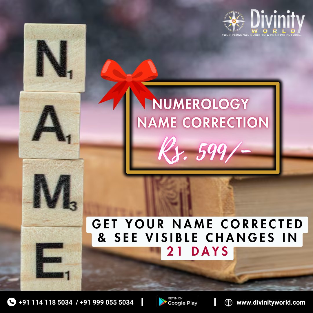 _DivinityWorld's tweet image. Numerology Name Correction 
Get your Name Corrected &amp;amp; see visible changes in 21 Days 🎉

For Consultation, Visit Website: divinityworld.com⁠ Or, Call Us: +91 9990555034 / +9111141185034

#divinityworld #astrology #vedicastrology #Horoscope #zodiac #namecorrection #name