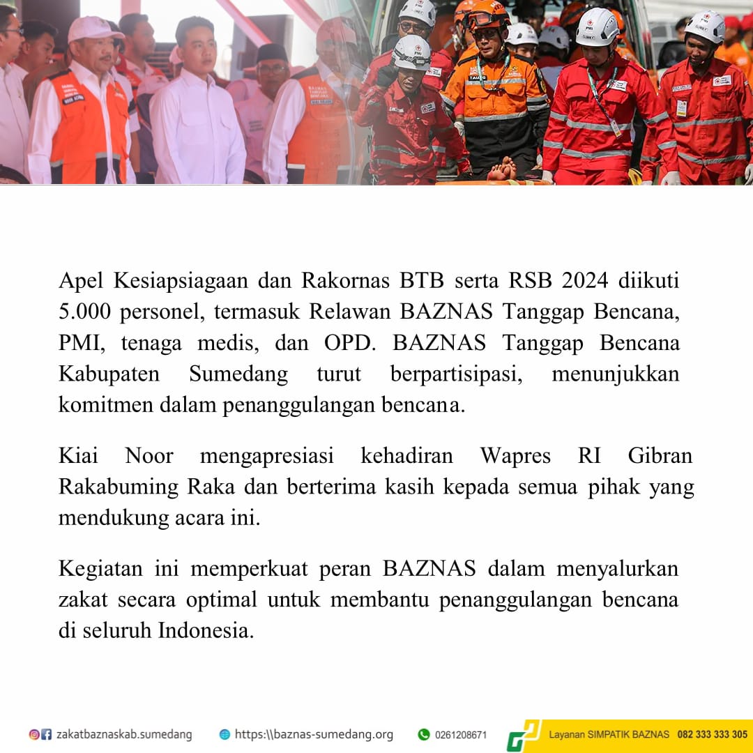BaznasSumedang's tweet photo. Sumedang Siapp...🫡🫡🫡

BAZNAS Tanggap Bencana Kabupaten Sumedang ikut serta dalam kegiatan Apel Kesiapsiagaan dan Rakornas BTB serta SBT di Lapangan Simpang Lima Kota Semarang.

Selengkapnya, yuk simak di postingan berikut.

#BTB #baznaskabsumedang #baznas #sumedang #bencana https://t.co/wNN5TMLPtU