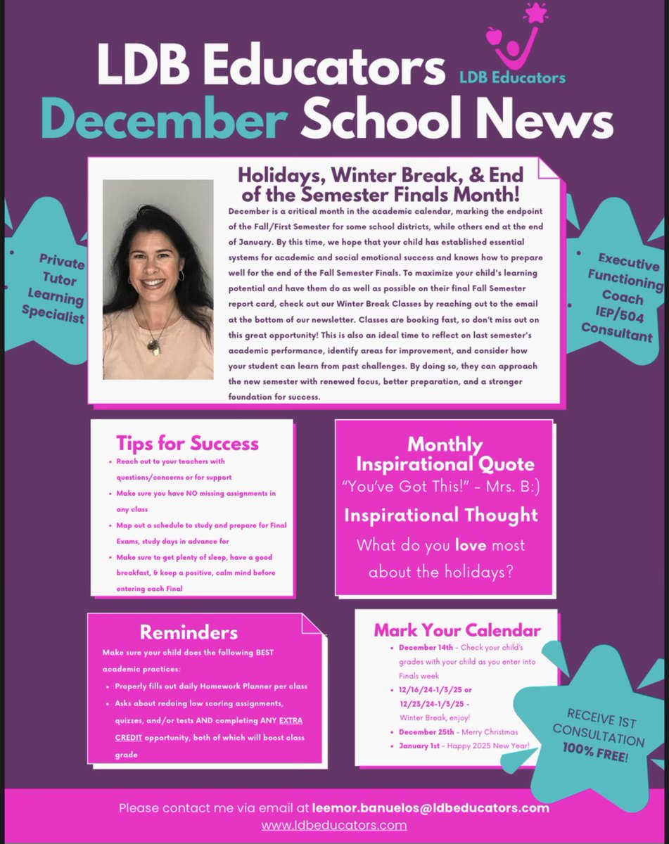 ldb_educators's tweet photo. 🌟As we move through December towards the holidays and Winter Break, please find your monthly update on school news, tips, and reminders from LDB Educators!🌟#generaleducation #specialeducation  #learningspecialist 
#newsletter
#winterbreakclasses
#preparedness
#information https://t.co/Vq7kLy7NRp