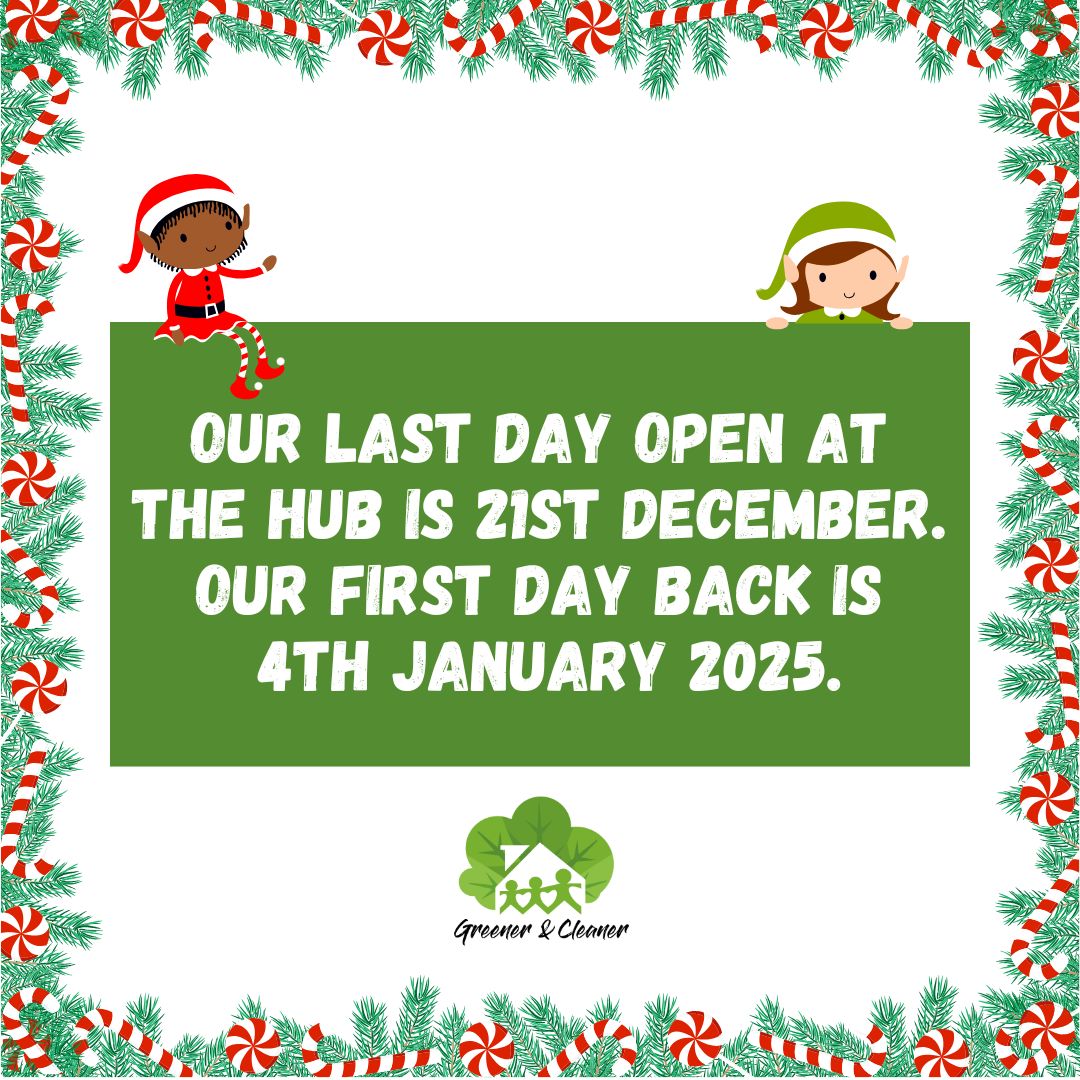 GreenercleanerB's tweet photo. Festive opening hours for The Hub: Our last day open is 21st December. We reopen on 4th January 2025.
Join us for events in Dec and January, lots coming up: https://t.co/LzAJwAqrwG or pop in for 121 advice about how to live greener 💚 https://t.co/gOnbqMShUD