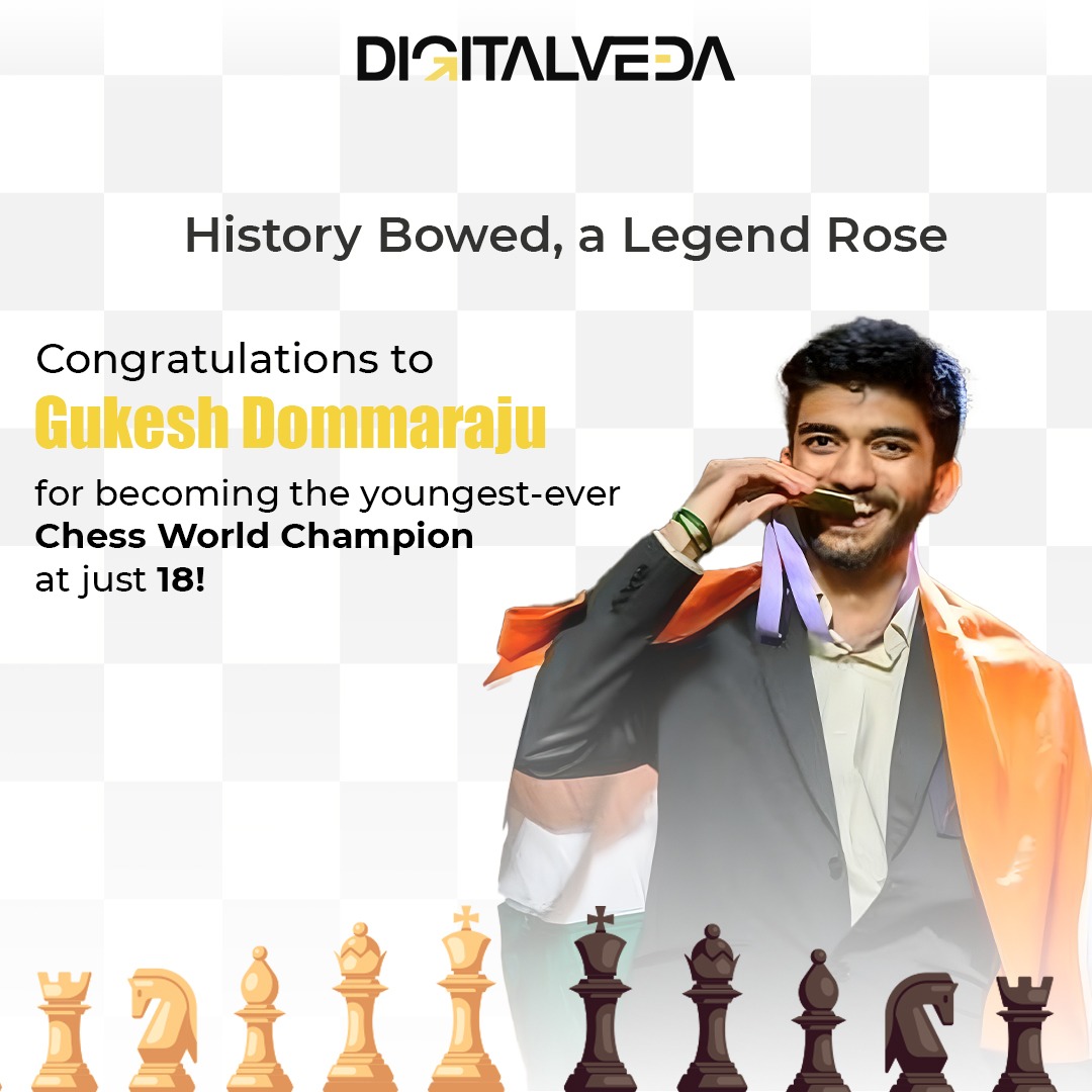 DigitalVeda1's tweet photo. 18 and already a legend! Gukesh Dommaraju makes history as the youngest-ever Chess World Champion. A true inspiration to dream big and achieve greatness. This is just the beginning!
#DigitalVeda #GukeshDommaraju #ChessChampion #HistoryMade #YoungProdigy #WorldChampion https://t.co/DPda4WNIXm