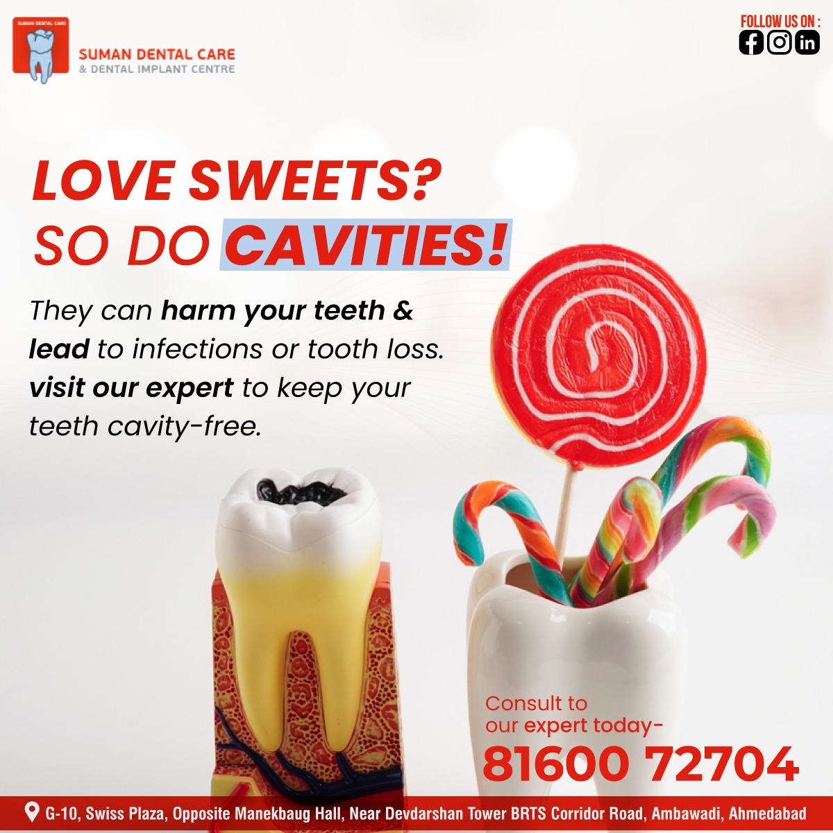 sumandentalcare's tweet photo. Love sweets? So do cavities!
They can harm your teeth and lead to infections or tooth loss. visit our expert to keep your teeth cavity-free.
#SumanDentalCare #LoveYourTeeth #CavityFree #DentalCare #HealthySmile #PreventCavities #DentalHygiene #SweetTooth #CavityProtection https://t.co/OmKS439F1O