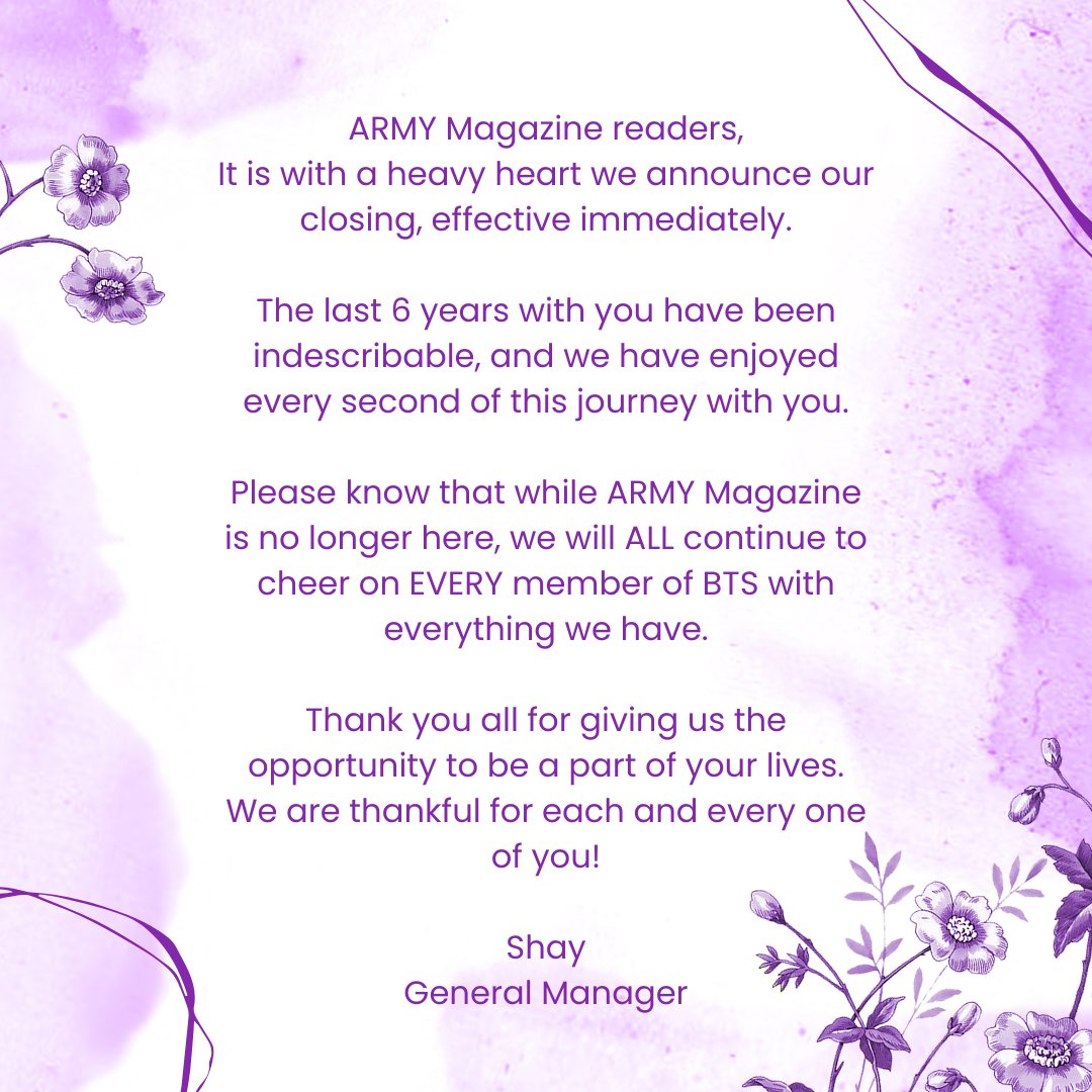 ARMYMAGofficial's tweet image. 💜FAREWELL, ARMY💜

After an unforgettable journey, #ARMYMagazine is signing off. Thank you for your love and support—we&apos;ll always cherish this journey with you. 💜

With love,
The ARMY Magazine Team