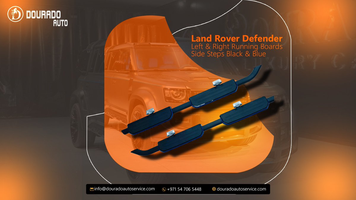 DouradoAuto's tweet photo. 🧡 Step up in style with black &amp; blue running boards for your Land Rover Defender—only at Dourado Auto Service!  📷https://t.co/nD7WxQIXcE 
#LandRover #Defender #DouradoAutoService #luxurycaraccessories #spareparts #premiumautoparts #carpartsstore #autodealer #dubai #uae 📷 🚕 https://t.co/gXklWs63Oc