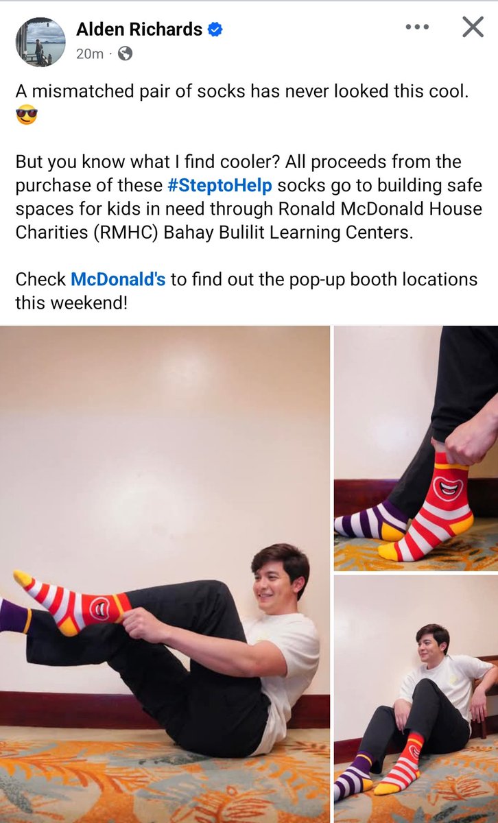 DAbbyvl's tweet photo. A mismatched pair of socks has never looked this cool. ๐
But you know what I find cooler? All proceeds from the purchase of these #SteptoHelp socks go to building safe spaces for kids in need through Ronald McDonald House Charities (RMHC) Bahay Bulilit Learning Centers.
@McDo_PH @aldenrichards02