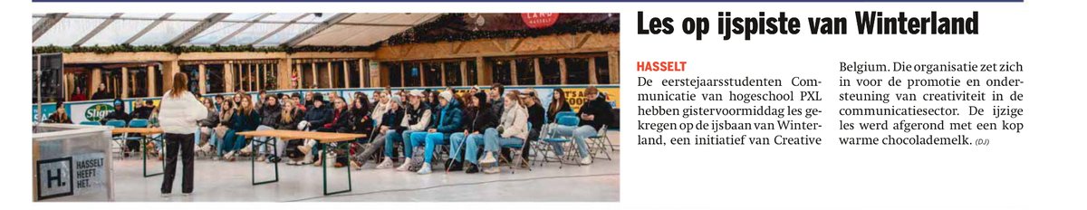 Afgelopen week waren de studenten@Communicatiemgt <a href="/HogeschoolPXL/">Hogeschool PXL</a> te gast op <a href="/winterlandhass/">Winterland Hasselt</a> waar ze les volgde op het ijs. Bron: <a href="/Nieuwsblad_be/">Nieuwsblad.be</a> <a href="/deejay5050/">Dirk Jacobs</a>