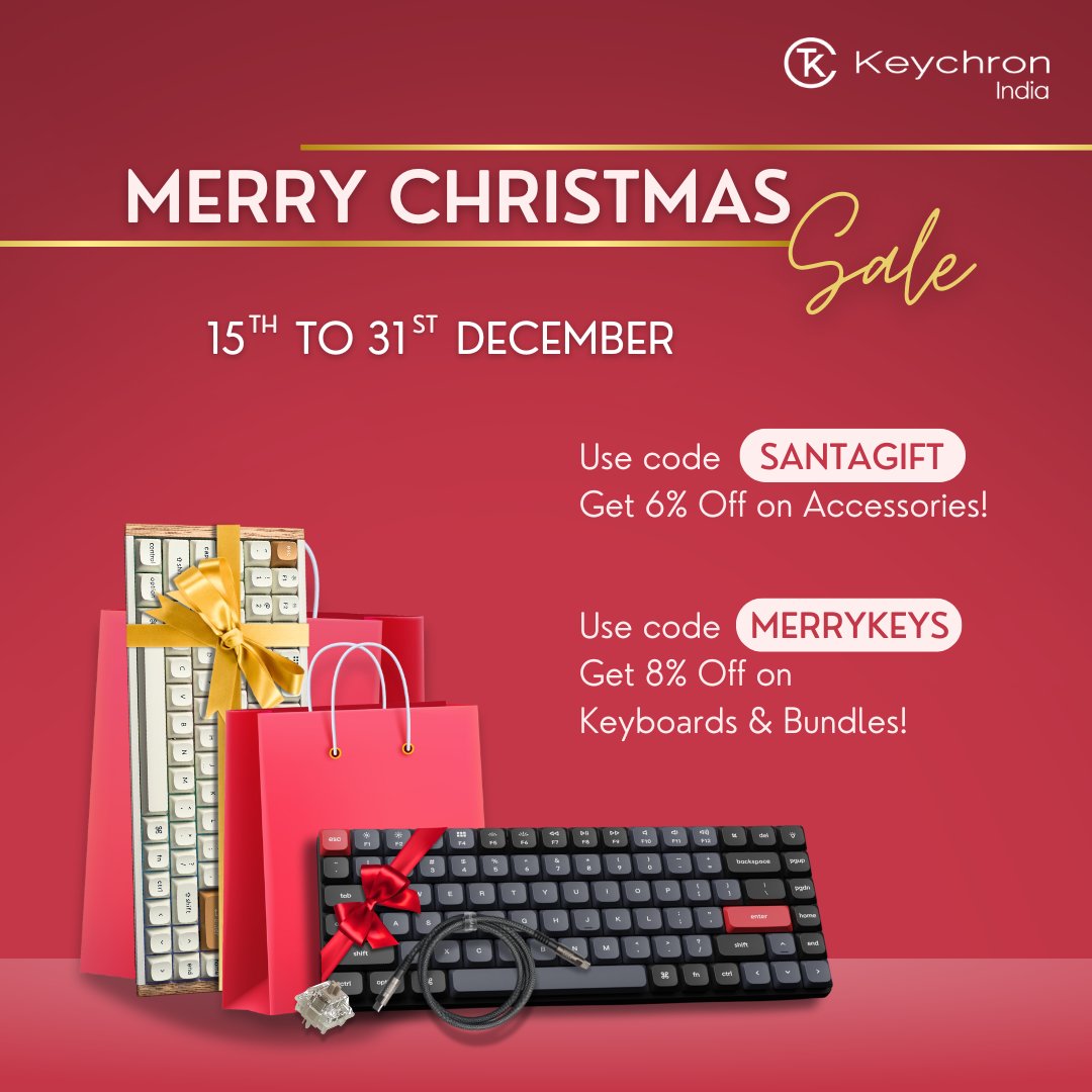 keychronindia's tweet photo. Merry Christmas Sale Starts ππ¨π¦π¨π«π«π¨π°! π
Grab your favorite Keychron keyboards and accessories with these festive discounts!
#christmaswithkeychron #christmassale #MechanicalKeyboards #customkeyboards #keyboardaccessories #KeychronKeyboard #Keychronindia #Keychron https://t.co/7AZsB8Hk0n