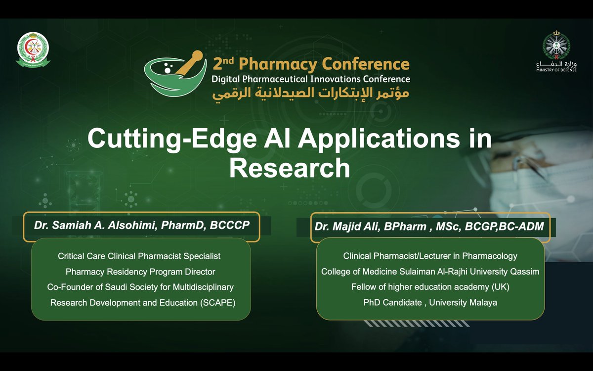 samiah25's tweet photo. I had the honor of conducting the workshop "Cutting-Edge AI Applications in Research" alongside the esteemed Dr. @maajidaali . The workshop was a unique session designed to empower researchers with the transformative potential of artificial intelligence.

I am truly thankful to the organizers for creating this exceptional opportunity and for their dedication and efforts that made this event (2nd pharmacy conference , Digital pharmaceutical innovation) a remarkable success 🎊💚
#AI_Research