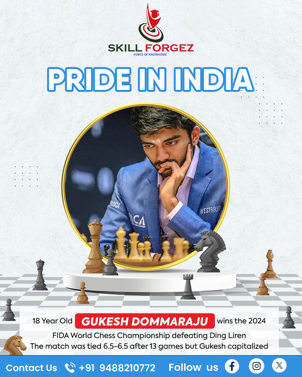 skillforgez's tweet image. ♟️ India’s Chess King!

Congratulations, Gukesh Dommaraju, on winning the World Chess Championship! 🏆
Your achievement shines bright on the global stage. 🌟👏

#GukeshDommaraju #ChessChampion #WorldChess2024 #PrideOfIndia #FIDEWorldChessChampionship #YoungTalent #Inspiration