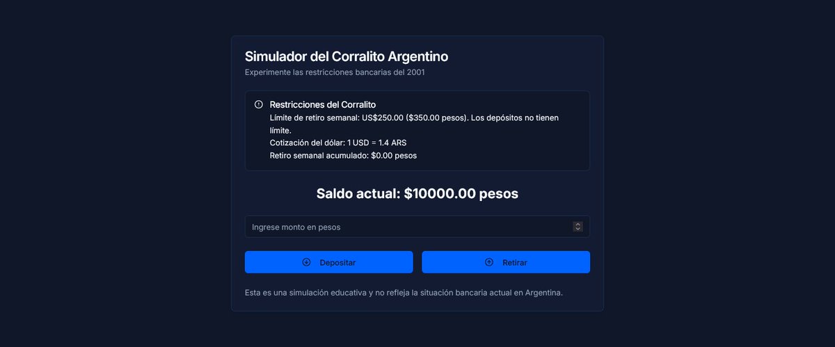 Estuve re diseñando mi sitio web principal y, mientras descansaba unos instantes, se me ocurrió hacer un simulador de corralito para probar un par de cosas 😅

Pueden usarlo entrando aquí: savandev.ar/corralito.