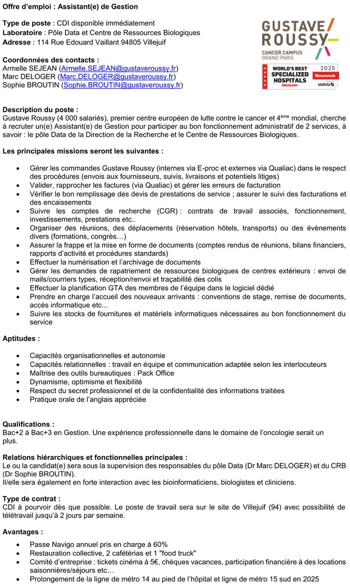 delogerm's tweet photo. Gustave Roussy (4000 salariés), 1er centre européen de lutte contre le cancer et 4ème mondial, cherche à recruter une assistant(e) de gestion. Si vous voulez participer activement à la lutte contre le cancer et donner un sens à votre travail, n'hésitez pas à postuler :-) https://t.co/MvAGmHUn5A
