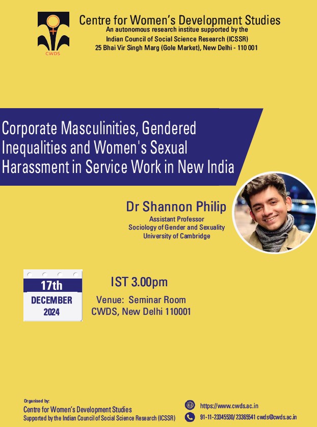 Any friends and colleagues in Delhi next week, I'm giving a talk at CWDS on a new paper I'm writing on corporate masculinities - critically exploring men's everyday forms of sexual harassment of women in the workplace - do come and say hello if you are around.