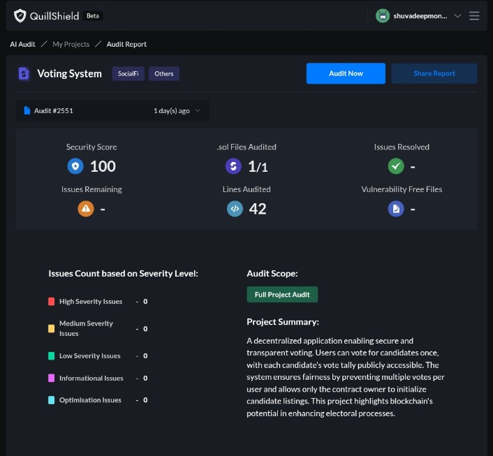 ShuvadeepM's tweet photo. Thrilled to complete my first audit on my project "Voting System" using Quillshield.

 Quillshield, powered by @QuillAI_Network, made the process seamless and efficient. 

#QuillShield #AuditSuccess https://t.co/HXEJqATWJx