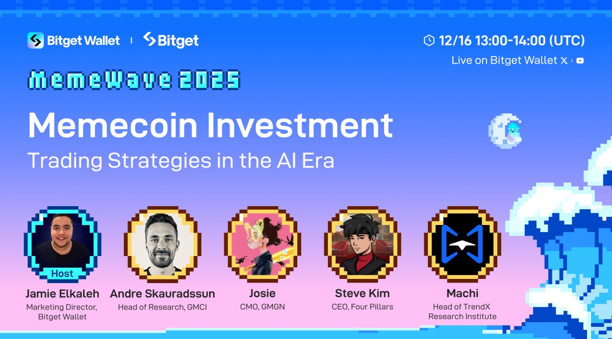 BitgetWallet's tweet photo. Join us to explore cutting-edge strategies and the role of AI in shaping the future of memecoin trading with @andre_gmci (Head of Research @gmci_), @TracerNft (CMO @gmgnai), @Steve_4P (CEO @FourPillarsFP), and Machi (Head of TrendX Research @TrendX_tech).  

🗓 Dec 16, 2024 | 13:00-14:00 (UTC) 
🔗 Live on @BitgetWallet X  💰 300 BWB giveaways: Share this post, tag 3 friends, and comment with your EVM address!