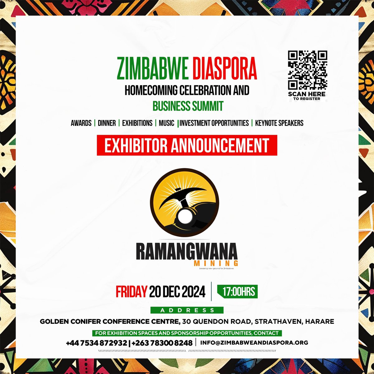 We’re absolutely excited to share that Ramangwana Mining, your premier mining services provider and borehole drilling expert, will be showcasing its services @ the Zimbabwe Diaspora Homecoming Celebration and Business Summit!

🎟 Grab your tickets now @ buytickets.at/zido/1432509