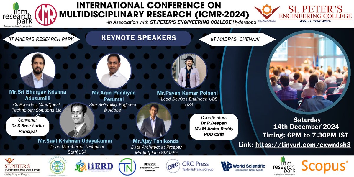 peter_college's tweet photo. 🎓📷 Join ICMR-2024! St. Peter's Engineering College, Hyderabad, in association with IIT Madras Research Park, invites you to the ICMR-2024 When: 14th Dec 2024 Time: 6:00 PM - 7:30 PM IST #ICMR2024 #ResearchConference #mhrd_innovation #MHRDInnovationCell #Eduminofindia https://t.co/JamC06M31s
