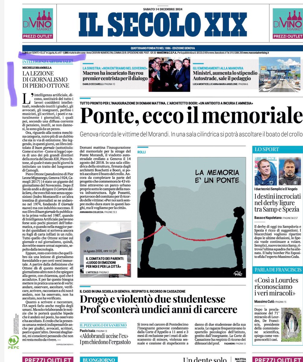 Editoriale di Michele Brambilla sul <a href="/ilsecoloxix/">Il Secolo XIX</a> un bel regalo un grazie sincero