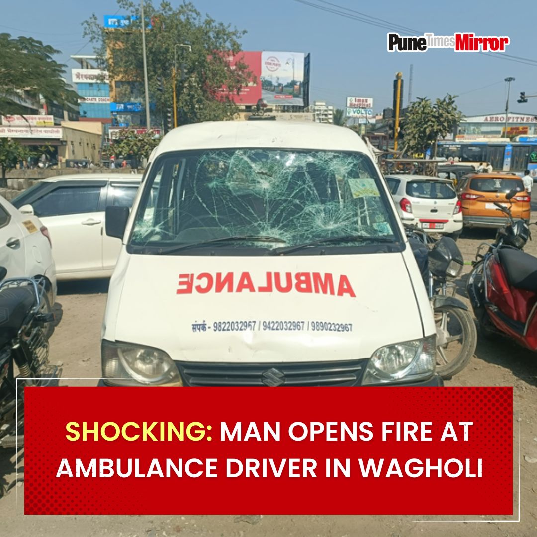 ThePuneMirror's tweet photo. Shocking: Man Opens Fire at Ambulance Driver in Wagholi

Read More: https://t.co/6hbLjywwSm

#WagholiIncident #AmbulanceAttack #PuneCrime #PoliceAction #Vandalism #RehabilitationCentre #FirearmViolence #PublicSafety #PuneNews #CrimeReport 

(Wagholi, ambulance attack, Vishal Kolte, revolver, rehabilitation centre, police arrest, vandalism, firearm violation, crime, public panic, Pune, ambulance driver)