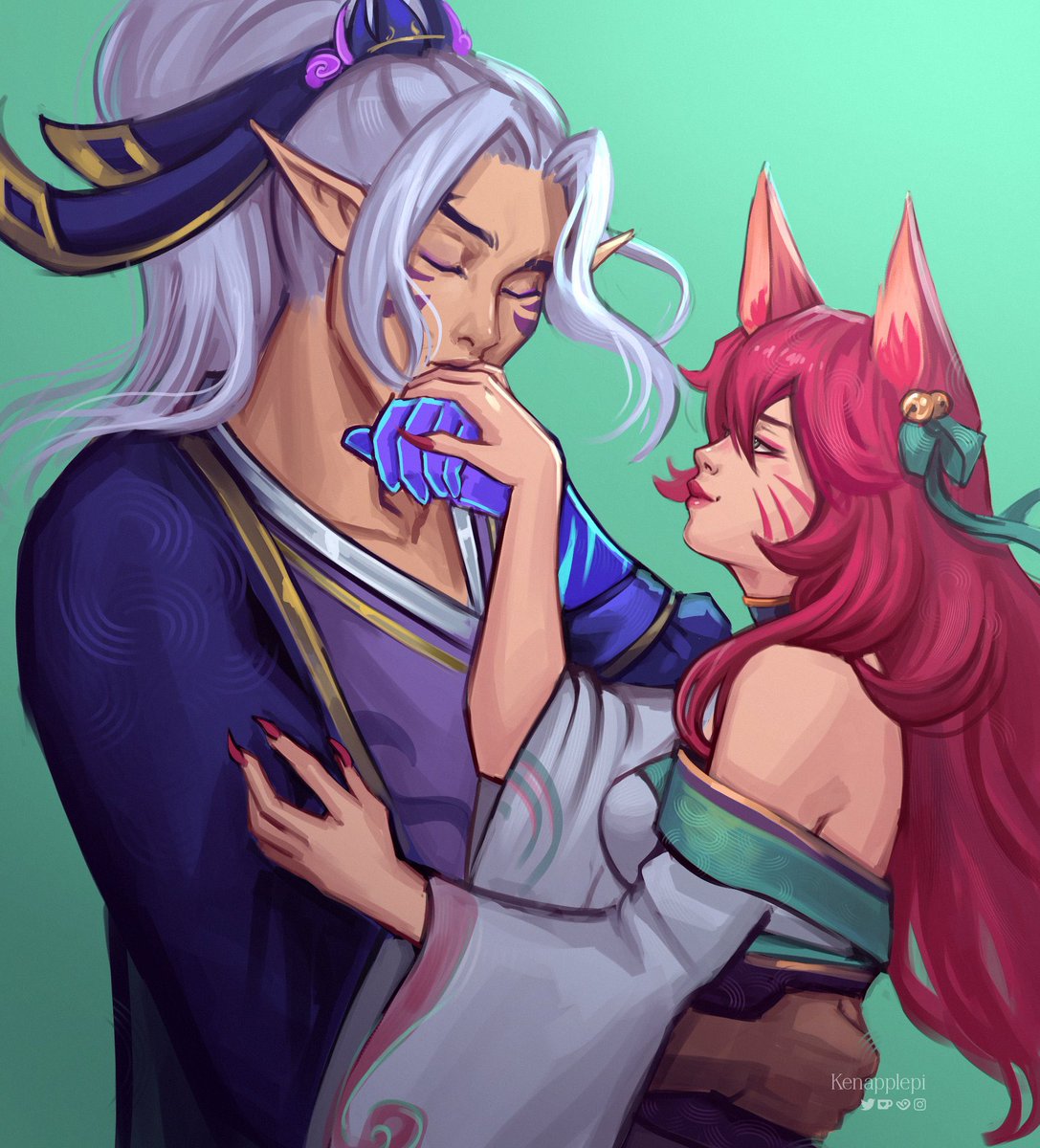 ARIkatoteshi's tweet image. I can’t resist @KenApplepi December comm with my two precious sweethearts ❤️😭 #ahri #masteryi