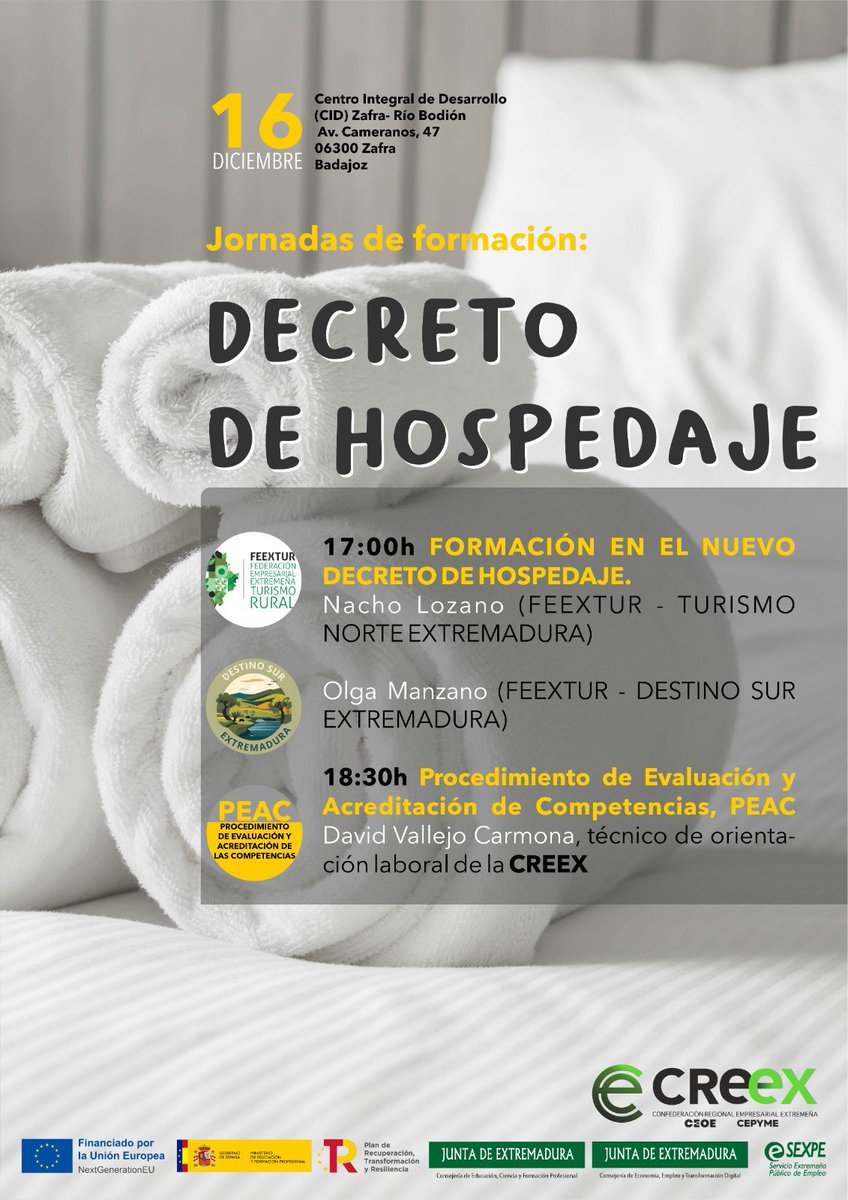 Nacho Trevejo S Gata (@a_fala) on Twitter photo Zafra acoge una jornada formativa sobre el nuevo decreto de hospedaje próximo lunes 16 a las 17:00h en el CID, organizado por la <a href="/InforCreex/">CREEX</a> que nos explicará el proyecto de tener un Título oficial con sólo acreditar la experiencia <a href="/extremadura_tur/">Extremadura Turismo</a> <a href="/birdextremadura/">BIRDING IN EXTREMADURA</a> <a href="/AytoZafra/">Ayuntamiento Zafra</a> Zafra acoge una jornada formativa sobre el nuevo decreto de hospedaje próximo lunes 16 a las 17:00h en el CID, organizado por la <a href="/InforCreex/">CREEX</a> que nos explicará el proyecto de tener un Título oficial con sólo acreditar la experiencia <a href="/extremadura_tur/">Extremadura Turismo</a> <a href="/birdextremadura/">BIRDING IN EXTREMADURA</a> <a href="/AytoZafra/">Ayuntamiento Zafra</a>