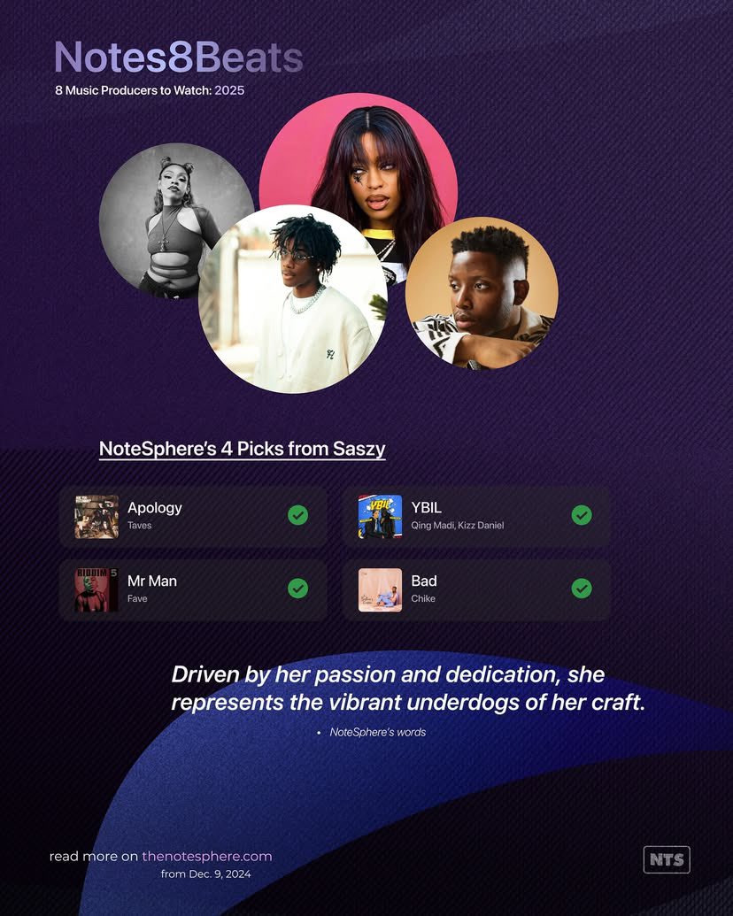 Finally, for #Notes8Beats Class of 2025, <a href="/saszy_afroshii/">Saszy</a> talks her evolution from being a recording artiste to music production. 

Sharing her experiences all through that period and what inspired her switch before her breakthrough in 2020.