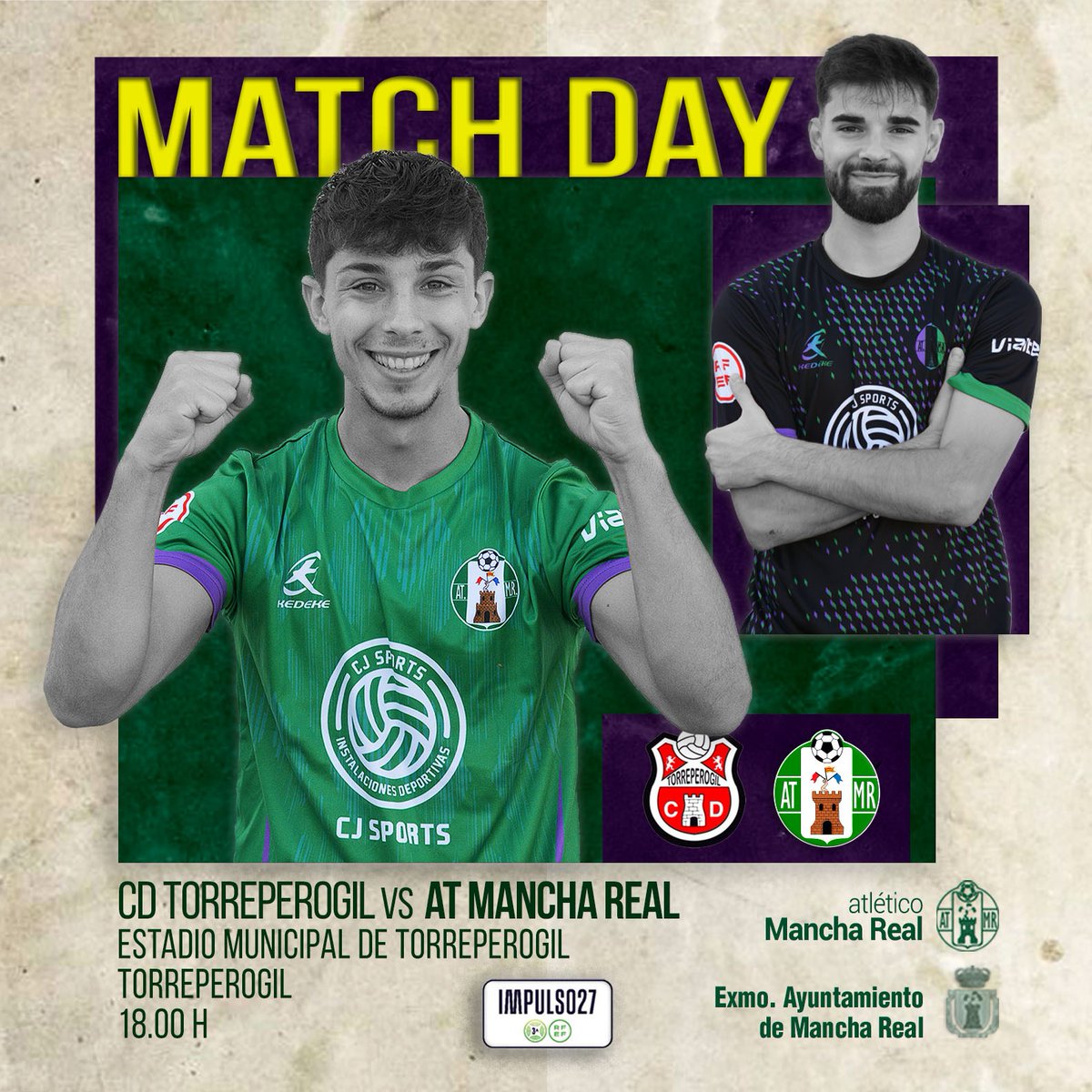 ⚽️ 🄷🄾🅈 🄹🅄🄶🄰🄼🄾🅂

⌚ 18,00 H

🆚️ <a href="/CDTorreperogil/">CD Torreperogil</a>

🏟 Municipal de Torreperogil

📍Torreperogil

#40AñosContigo 👫

#SomosManchaReal 💚💜

#YoSoyVerde 💪🏻