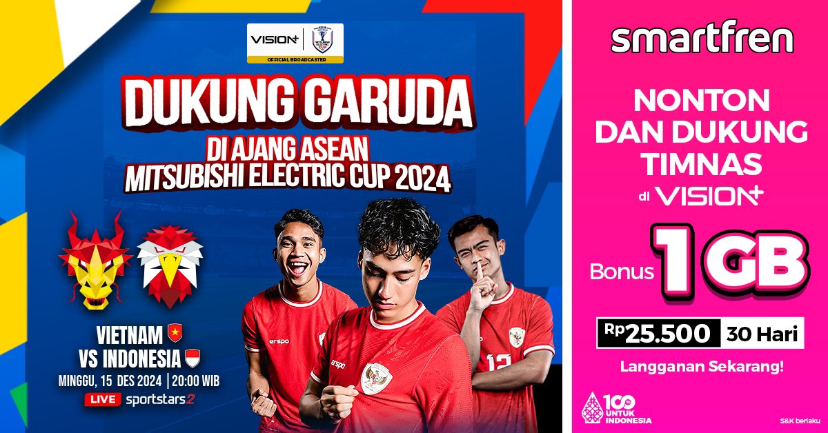 smartfrenworld's tweet photo. Siapin mental! Indonesia vs Vietnam 15 Desember 2024 20.00 bakal bikin jantung dag-dig-dug! Jangan kelewatan buruan nonton di Vision+! ๐ฅโค๏ธ https://t.co/08dAndQAjp
#SupportGaruda #smartfren #100PersenUntukIndonesia https://t.co/BI3Uor2xoT
