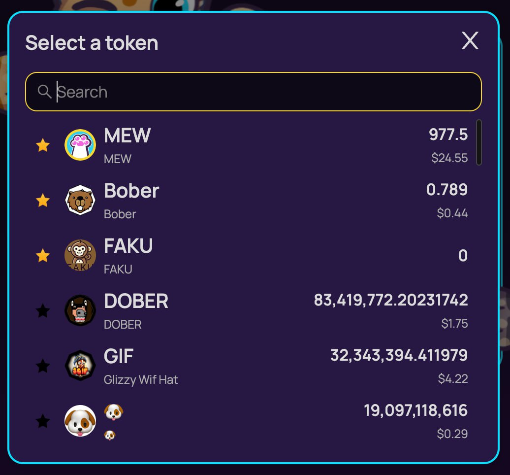Mew_finance's tweet image. 🐾 Purr-haps you&apos;d like quick access to your favorite tokens?

⭐️ Tap the star next to a token in the list, and voila—it&apos;s saved for easy access. 🐱✨

Try it out meow at Mew Dex!
dex.mewfinance.com

#Ergo
