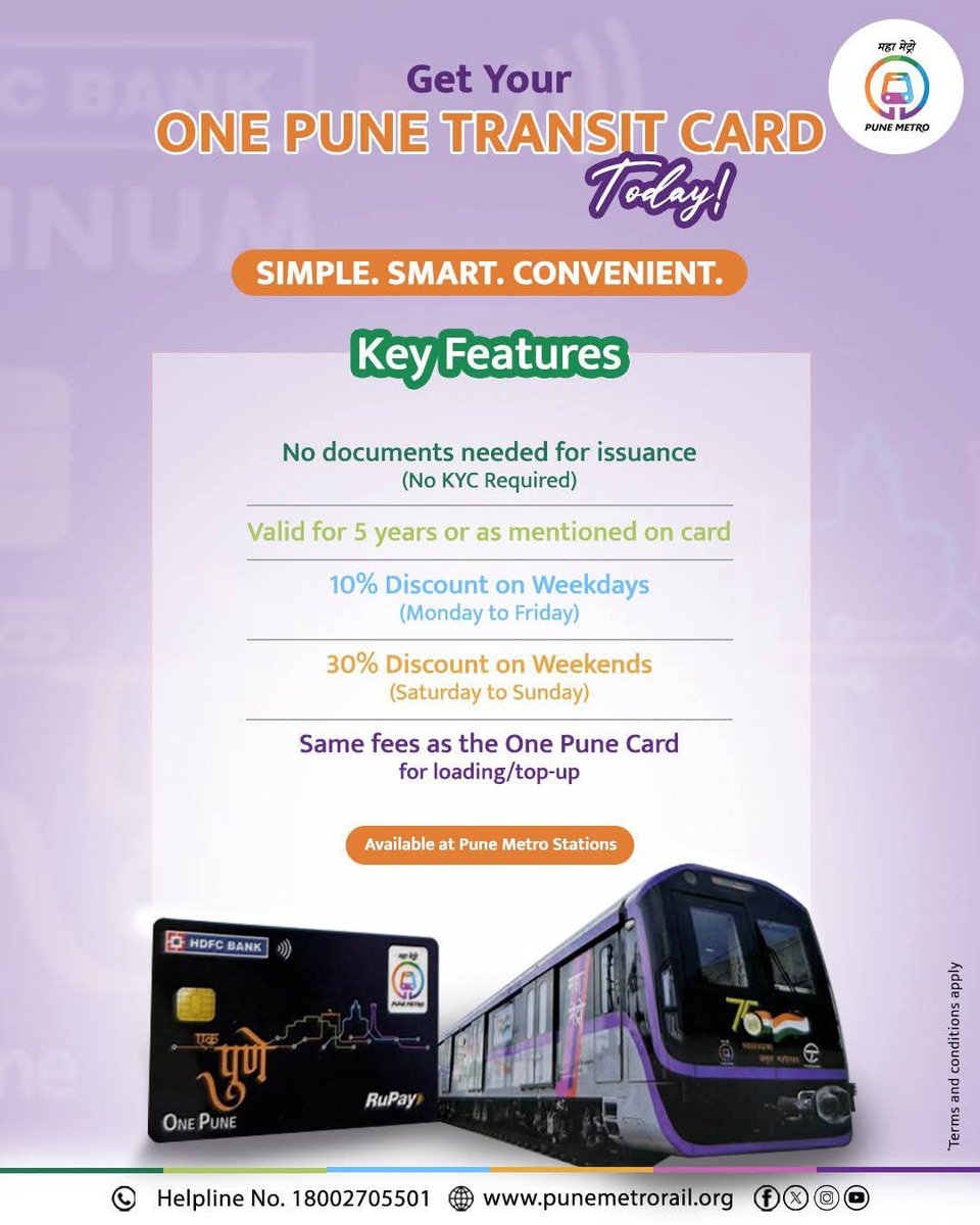 metrorailpune's tweet image. Travel smart with the One Pune Transit Card! Enjoy hassle-free rides and exclusive discounts every day—no documents needed (No KYC)

Visit your nearest Pune Metro station to get yours today! 

For more info, call 📞 022 45000800.

#NCMC #TransitCard #OnePuneTransitCard…