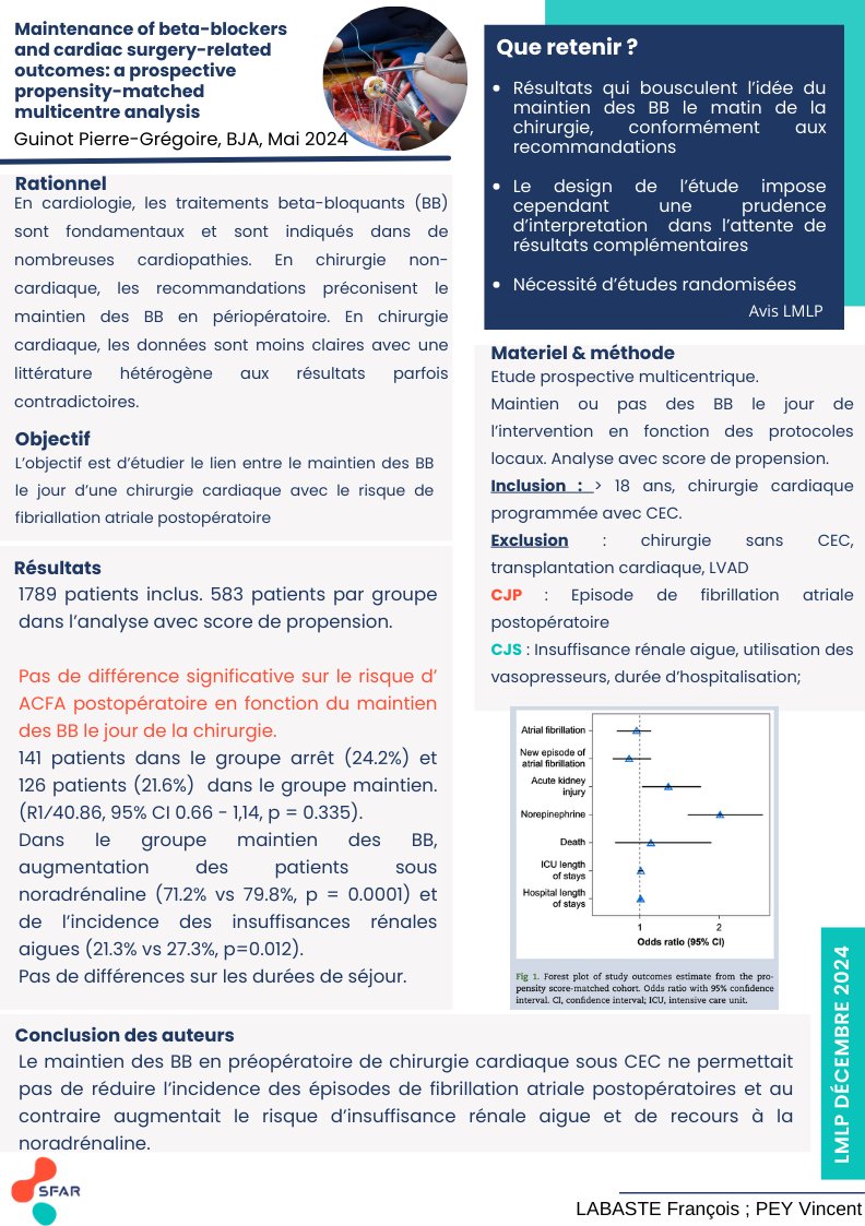 SFAR Anesthésie Réanimation (@sfar_org) on Twitter photo 💥 Focus du Masque et la Plume "Maintenance of beta-blockers and cardiac surgery-related outcomes: a prospective propensity-matched multicentre analysis"
📥 L'intégralité disponible ici ➡️ sfar.org/le-masque-et-l…
<a href="/_Lirycs_/">Cyril Quemeneur</a> <a href="/AJARFrance/">AJAR France 🇫🇷</a> <a href="/SNJeunesAR/">Syndicat National des Jeunes Anesth-Réa</a> <a href="/SNPHARE/">SNPHARE</a> <a href="/SyndicatSnarf/">SNARF</a> <a href="/SNIA75/">SNIA : Syndicat Nal des #IADE</a> 💥 Focus du Masque et la Plume "Maintenance of beta-blockers and cardiac surgery-related outcomes: a prospective propensity-matched multicentre analysis"
📥 L'intégralité disponible ici ➡️ sfar.org/le-masque-et-l…
<a href="/_Lirycs_/">Cyril Quemeneur</a> <a href="/AJARFrance/">AJAR France 🇫🇷</a> <a href="/SNJeunesAR/">Syndicat National des Jeunes Anesth-Réa</a> <a href="/SNPHARE/">SNPHARE</a> <a href="/SyndicatSnarf/">SNARF</a> <a href="/SNIA75/">SNIA : Syndicat Nal des #IADE</a>