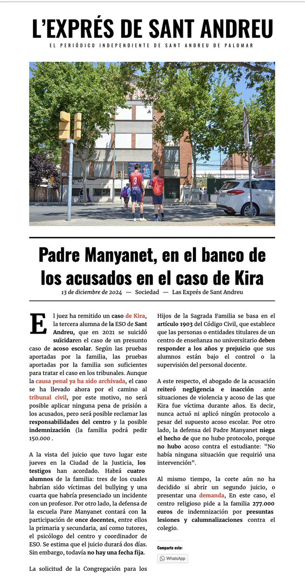 Por favor, compartid.
Para mí  L'Exprés de Sant Andreu es uno de los diarios que ha publicado el titular más contundente sobre el caso de mi hija Kira. Claro y conciso, no deja lugar a dudas sobre la realidad jurídica del colegio:
 El Manyanet (que pertenece a Hijos de la Sagrada