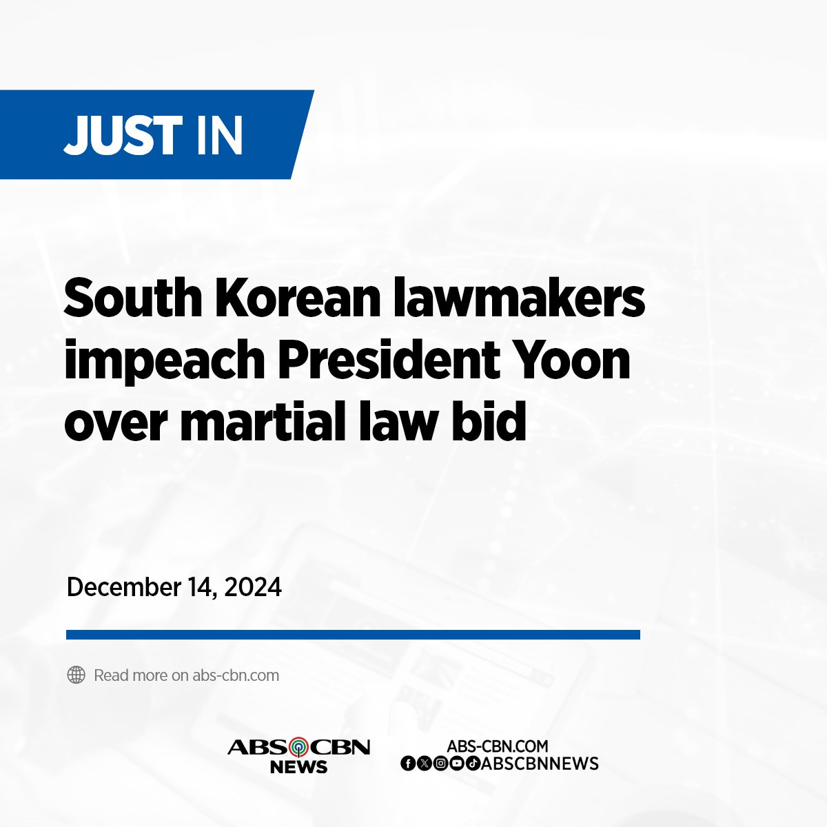 ABSCBNNews's tweet photo. South Korean lawmakers impeach President Yoon over martial law bid | via @AFP https://t.co/t7OFrTCmW7