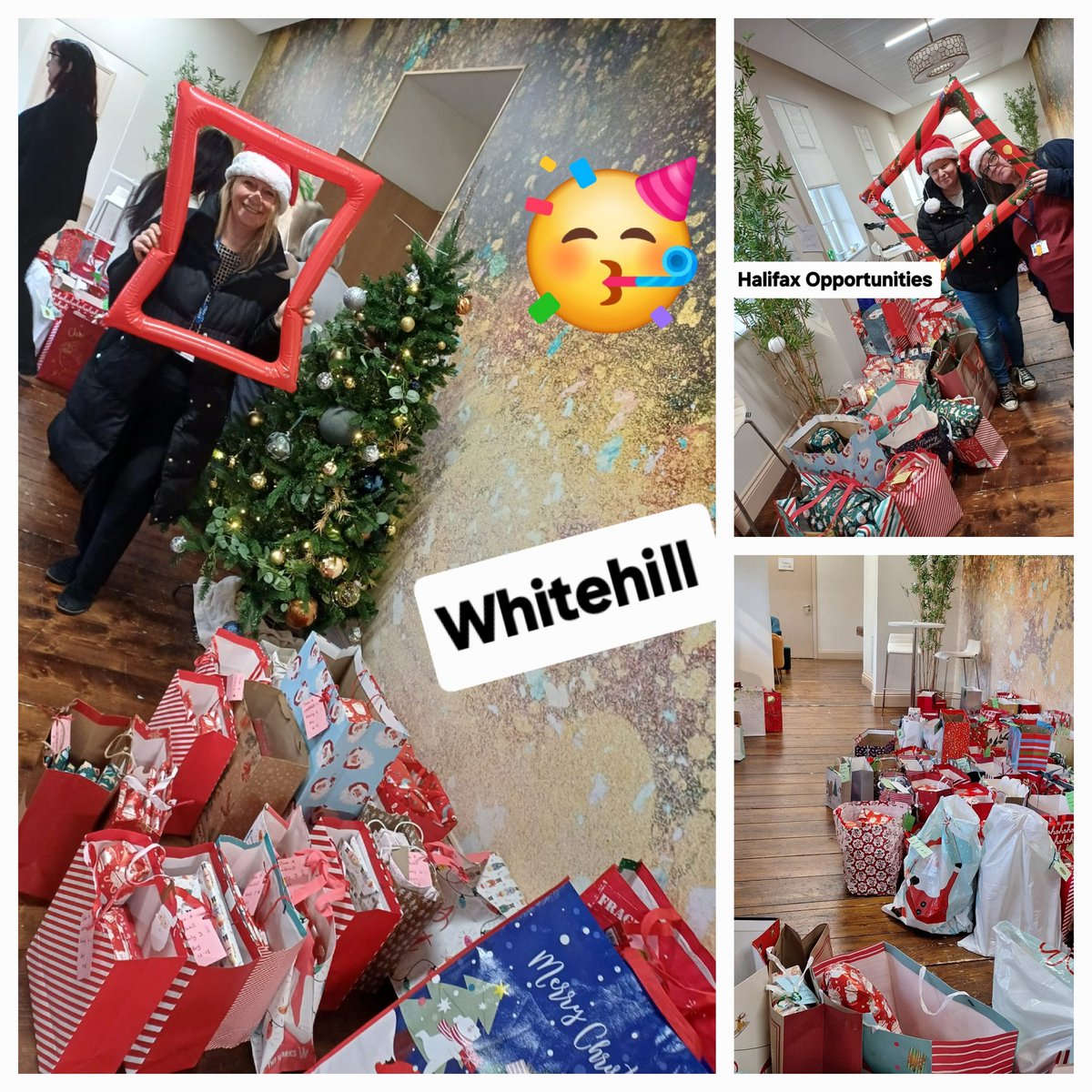 Calderlighthous's tweet image. Santa came to check everything was going to plan yesterday @ThePieceHall 
He stayed and did a little wrapping himself! 
Schools etc collected the gifts for their families.
#beaconofhope 
@ParkLaneAc 
@school_wood 
@AshGreenPrimary 
@NHP