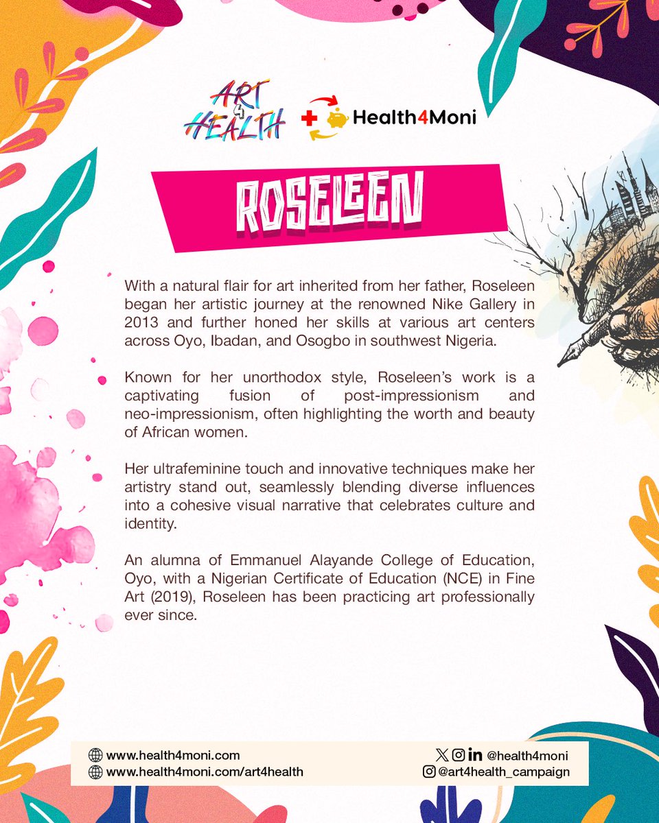 Health4Moni's tweet photo. Meet Roseleen, a gifted multi-media painter and textilist whose work seamlessly blends post-impressionism and neo-impressionism with a celebration of African femininity. https://t.co/bAcMpNVh4c