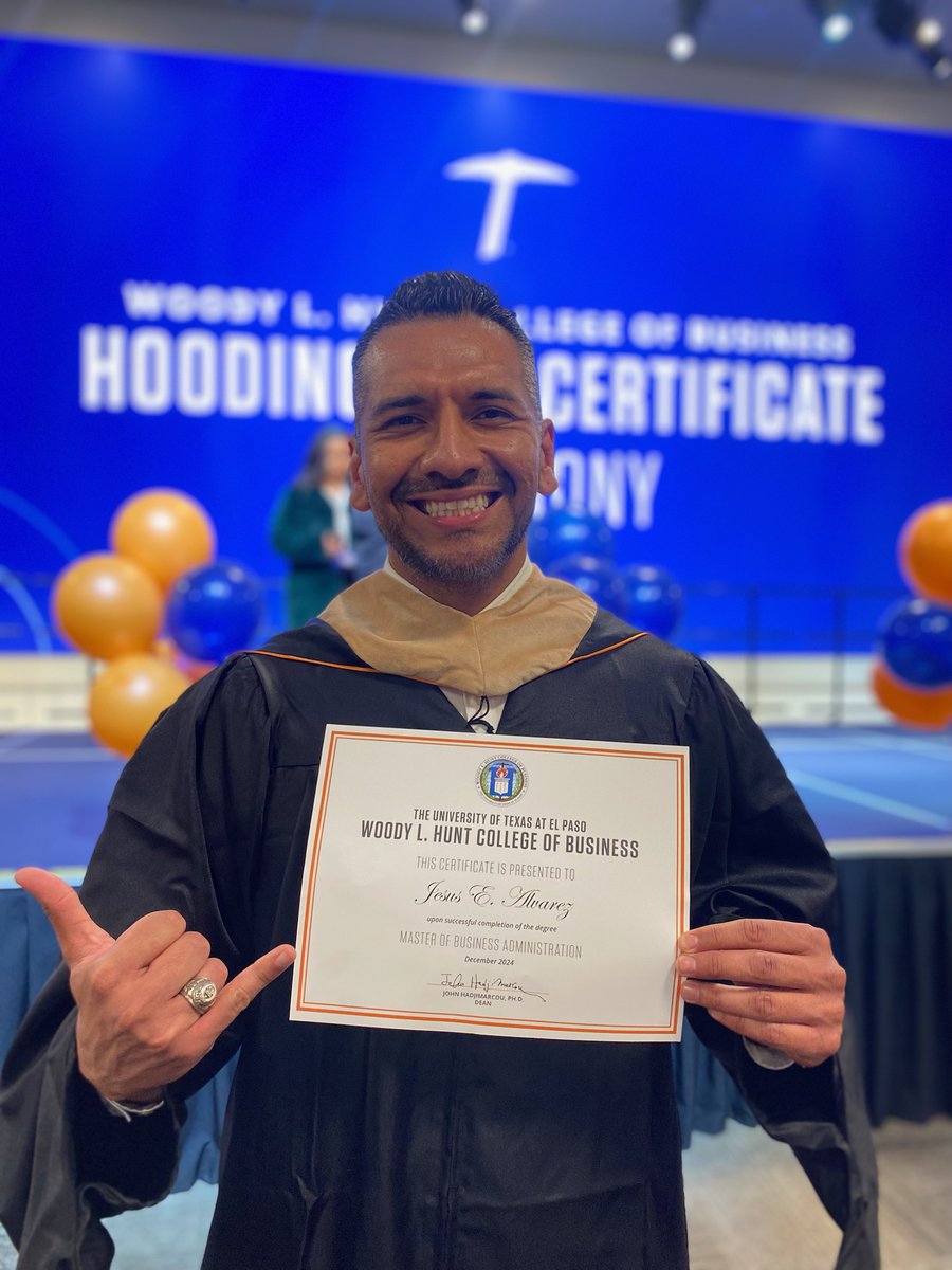 ZeusWeThePeople's tweet photo. Setting the example for my students and for my son Julian of always continuing to grow and being agile in your preparation.  Be relentless in your pursuit to unravel your potential and do Whatever It Takes. 
#PicksUp
#UTEPMBA24
#OnToTheNextOne https://t.co/CJ3u0374Mh
