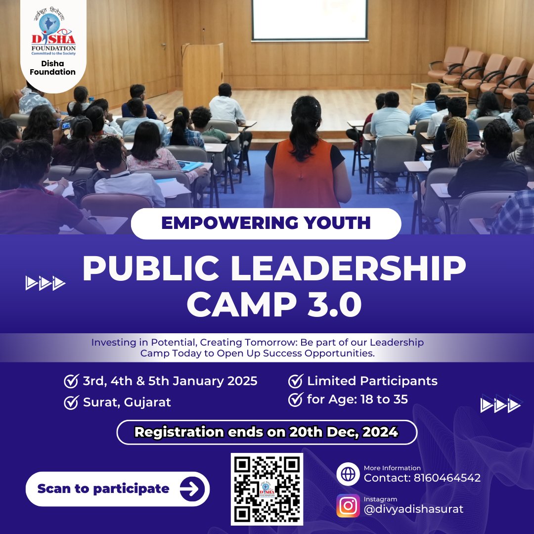 Join PLC 3.0 – Public Leadership Camp A 3-day residential program by Disha  Foundation to shape future leaders! 📅 Jan 3-5, 2025 | 📍 Auro University,  Surat 👥 Eligibility: 12th pass |, image size:1080x1080