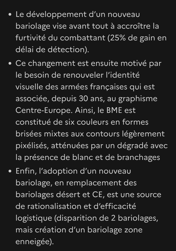 _AdAstraPer__'s tweet image. Il y a officiellement 3 raisons principales pour lesquelles l&apos;@armeedeterre adopte le #BME.

La 2e ? &quot;Le besoin de renouveler l&apos;identité visuelle des armées françaises&quot;. 🤷

Quelqu&apos;un sait pourquoi changer &quot;l&apos;identité visuelle&quot; d&apos;une armée peut la rendre plus performante ?