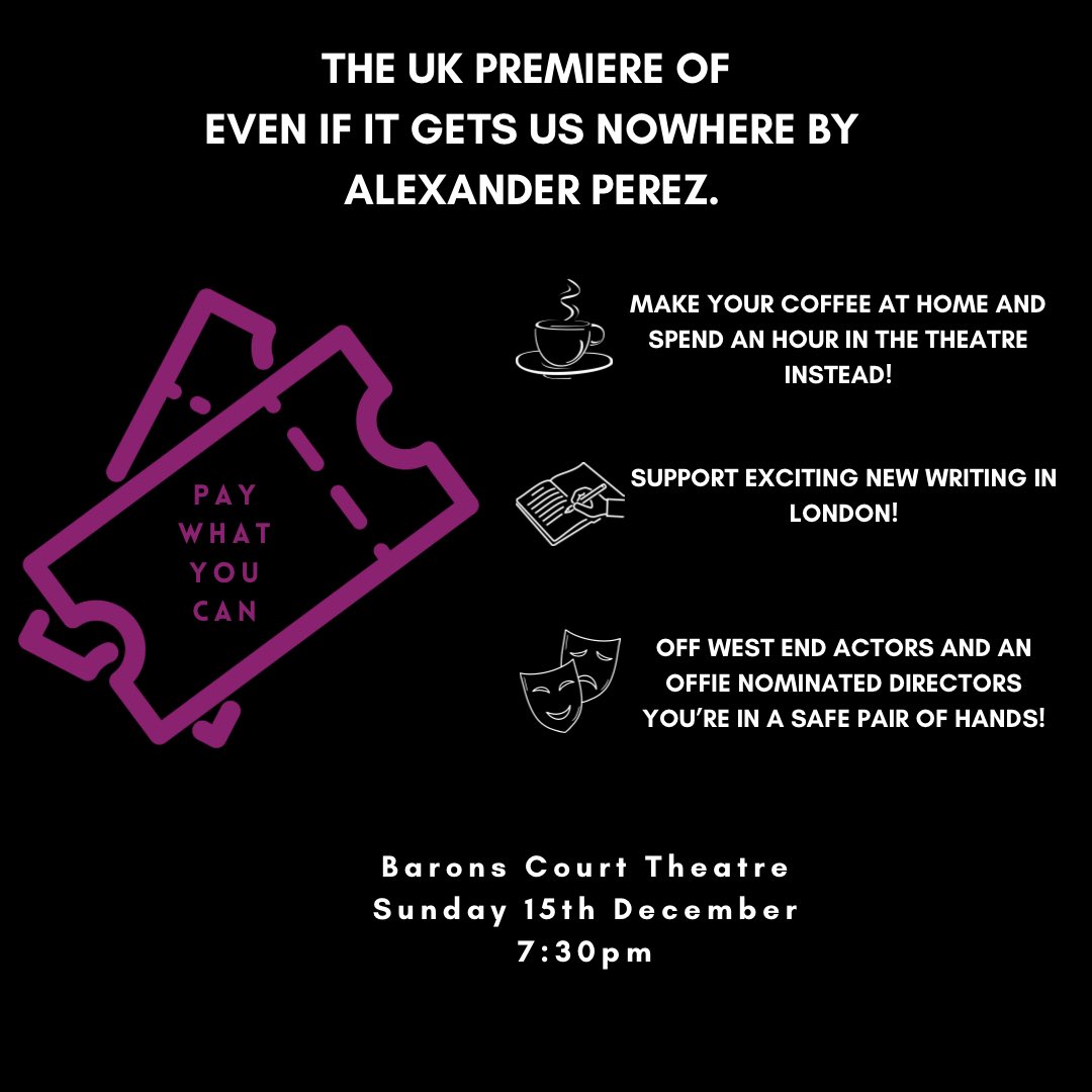 PerseverP's tweet image. What is pay what you can?
An opportunity of a lifetime, theatre at no or a fraction of the cost! 

Barons Court Theatre tomorrow!

Book your tickets now to avoid disappointment!

Tickets here!
baronscourttheatre.com/persever

#freetheatre #freelondon #whatsonlondon #whatsonfreelondon