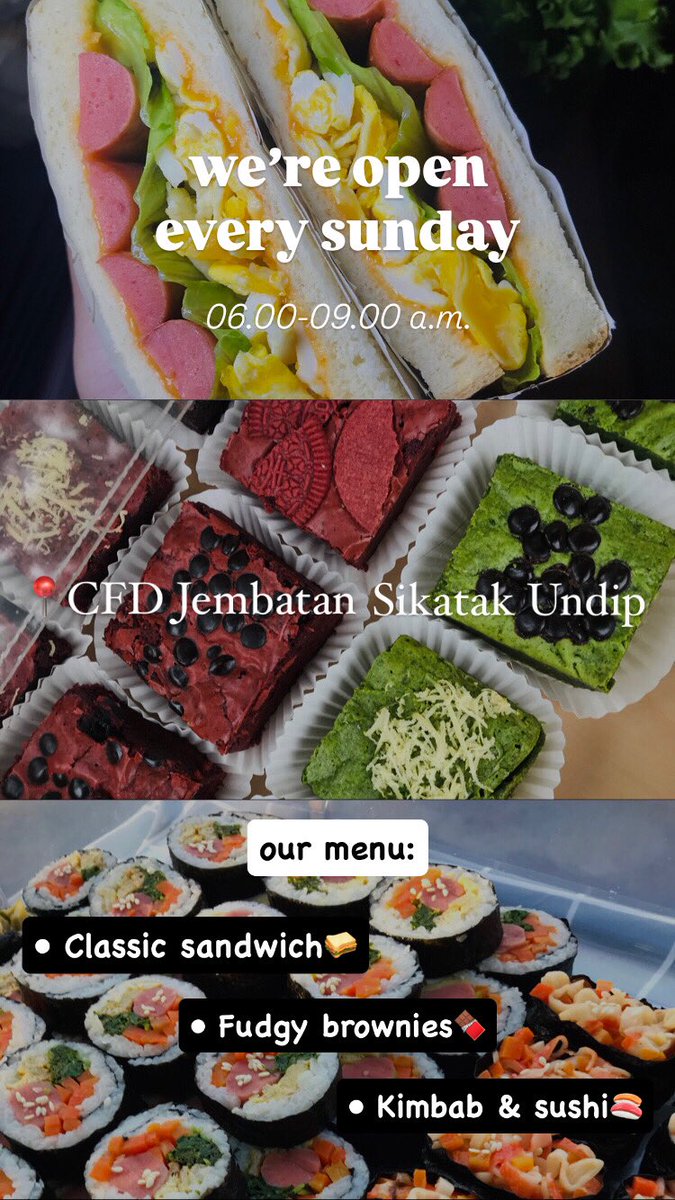 homemadebyher's tweet photo. Hi fellas! 
Kita jual berbagai varian fudgy brownies (4k), kimbab (2k), dan sandwich (6k).

Ready besok Minggu jam 6 pagi di CFD Sikatak UNDIP (depan oppa fried chicken). Jangan lupa ramein tenant kita yaa, we’ll see u tomorrow🫶🏻 https://t.co/eUbKe9jmvd